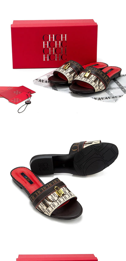 High Quality Metal Lock Monogram Print Women's Low Heeled Slippers Delicate and Versatile Women's Fashion Slippers