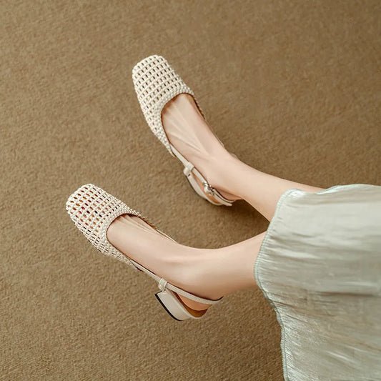 French square-toed woven high-heeled sandals, 2025 summer new skeletonized fashionable leather fabric mid-heel women's shoes