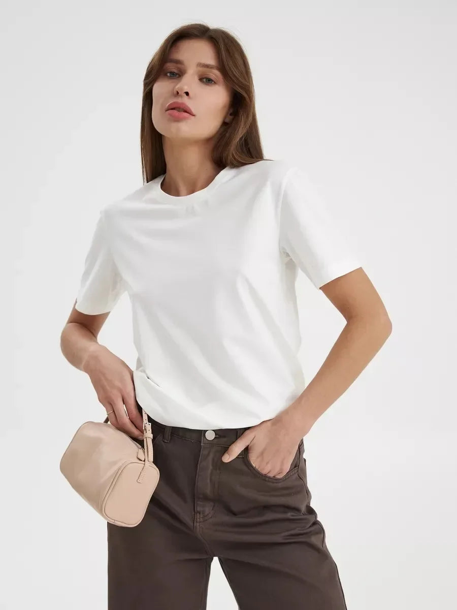 Summer 100% Cotton Women's T-shirt Bottoming Basic Fashionable Lady Short Sleeve Loose Tops Shirts Solid 230g/㎡ Tops