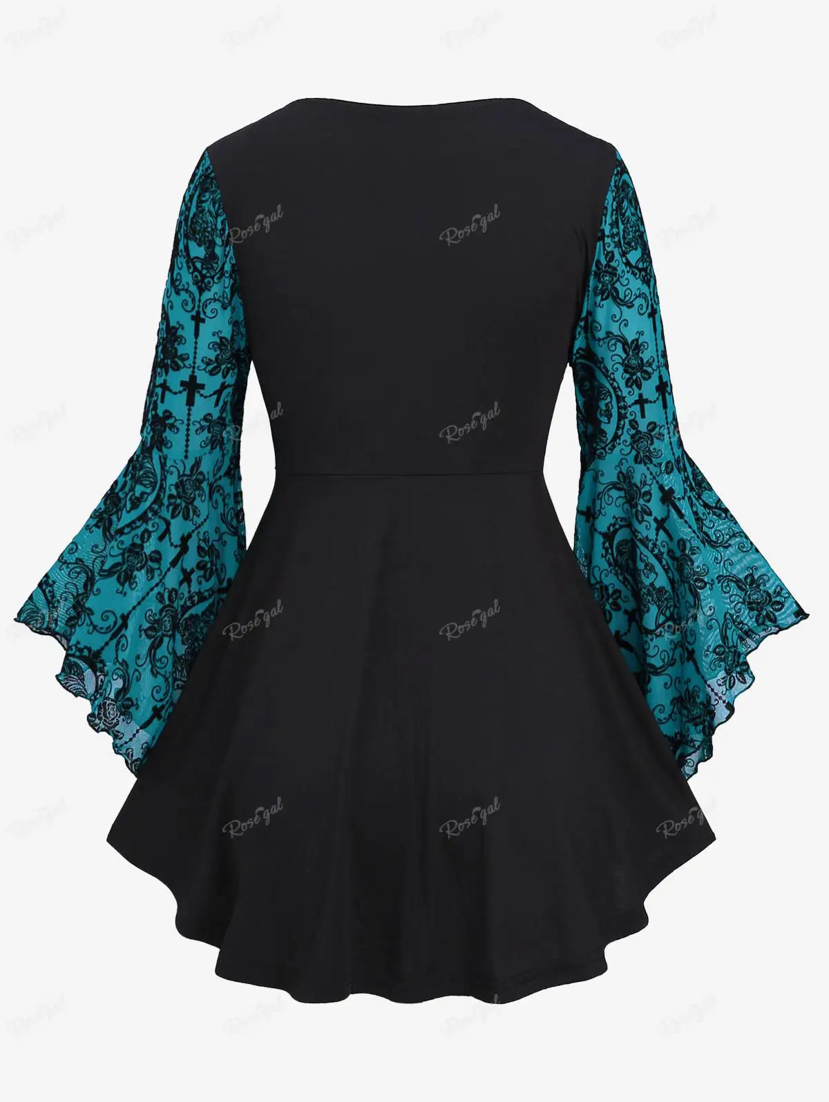 Plus Size Gothic Bell Sleeves Cross Floral Mesh Flocking Lace Up Ruched Ruffles 2 in 1 Long Bell Sleeve Top
