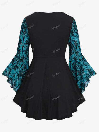 Plus Size Gothic Bell Sleeves Cross Floral Mesh Flocking Lace Up Ruched Ruffles 2 in 1 Long Bell Sleeve Top