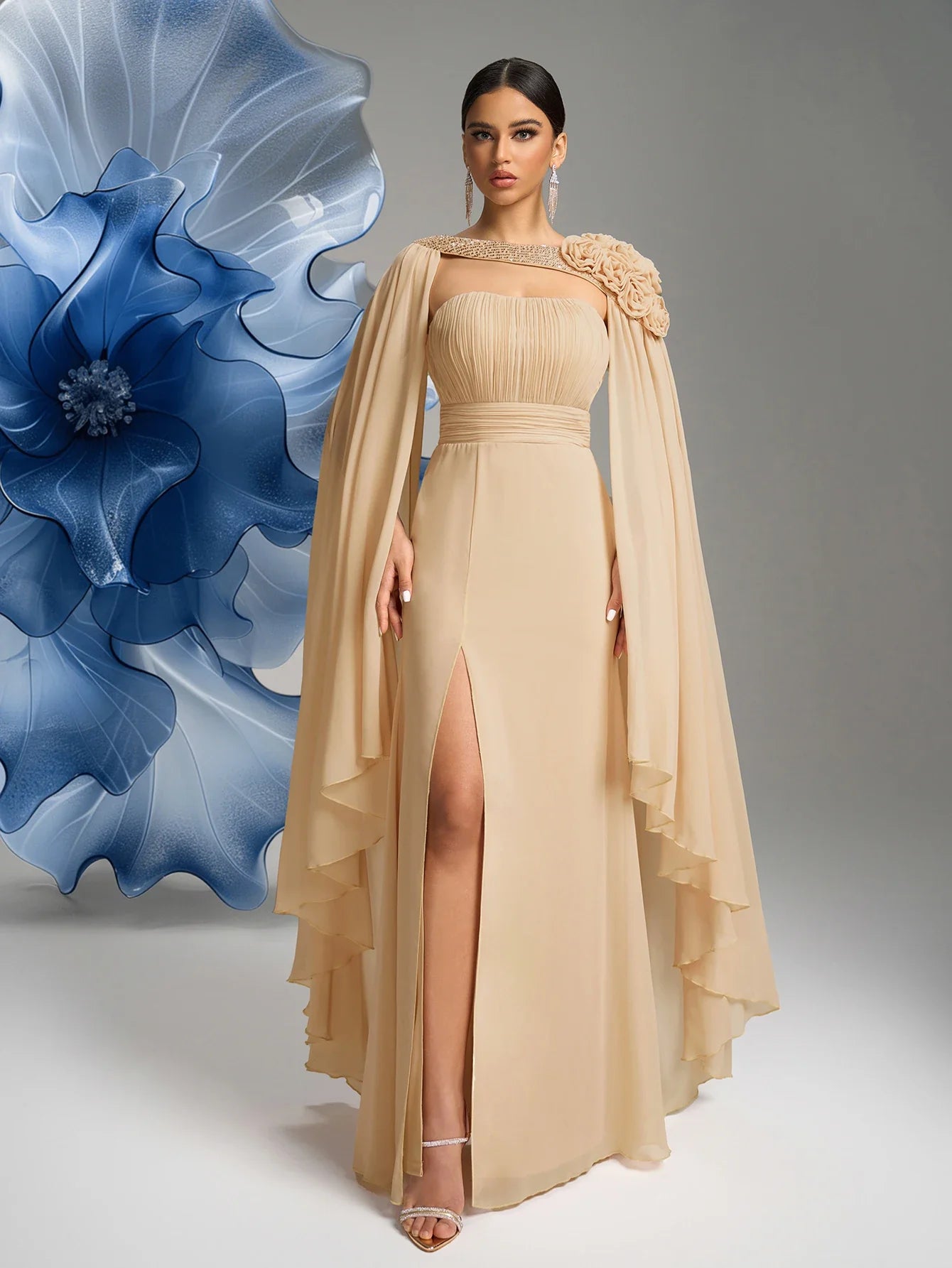Women's Tube Top Floating Piece Sleeve Three - Dimensional Flower Slit Evening Dress