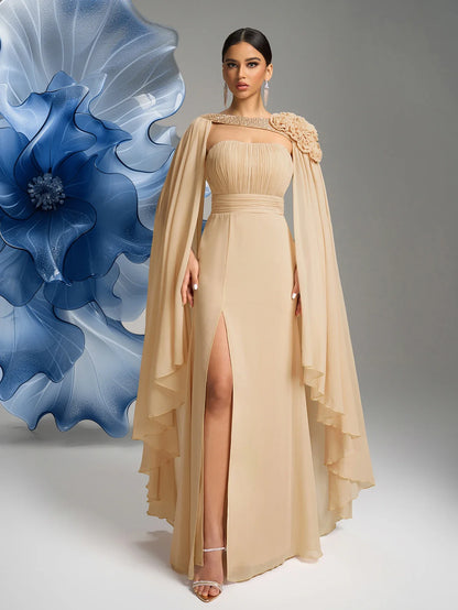 Women's Tube Top Floating Piece Sleeve Three - Dimensional Flower Slit Evening Dress