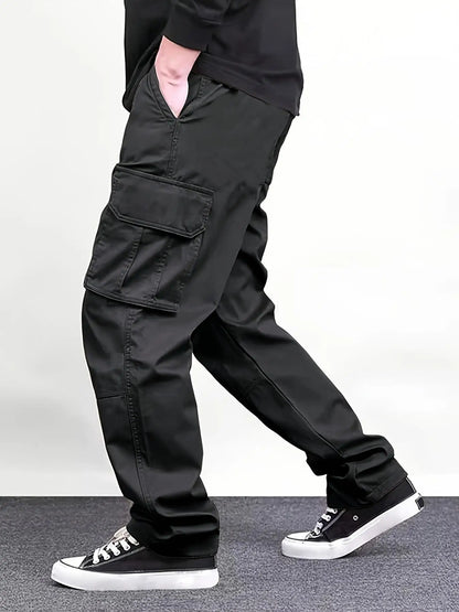 Men's Regular Plain Overalls with Drawstrings and Large Flap Pocket Pantss, Functional Multi-Pocket Straight Pants, Suitable for Holiday, Street, Daily Leisure, Running, Multi-Scenario, Suitable for All Seasons