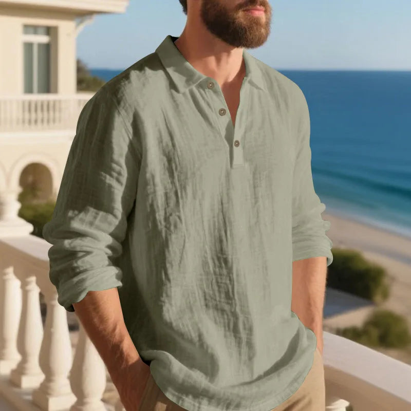 Linen shirt stand-up collar button-down men's loose casual breathable V-neck long-sleeved polo shirt