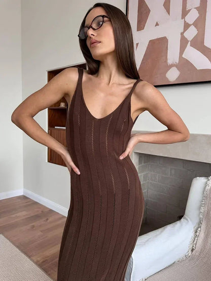 Backless Dress For Women V Neck Slim Sleeveless Suspender Maxi Dress Vacation Sexy Beach Knitted Elegant Long Dress