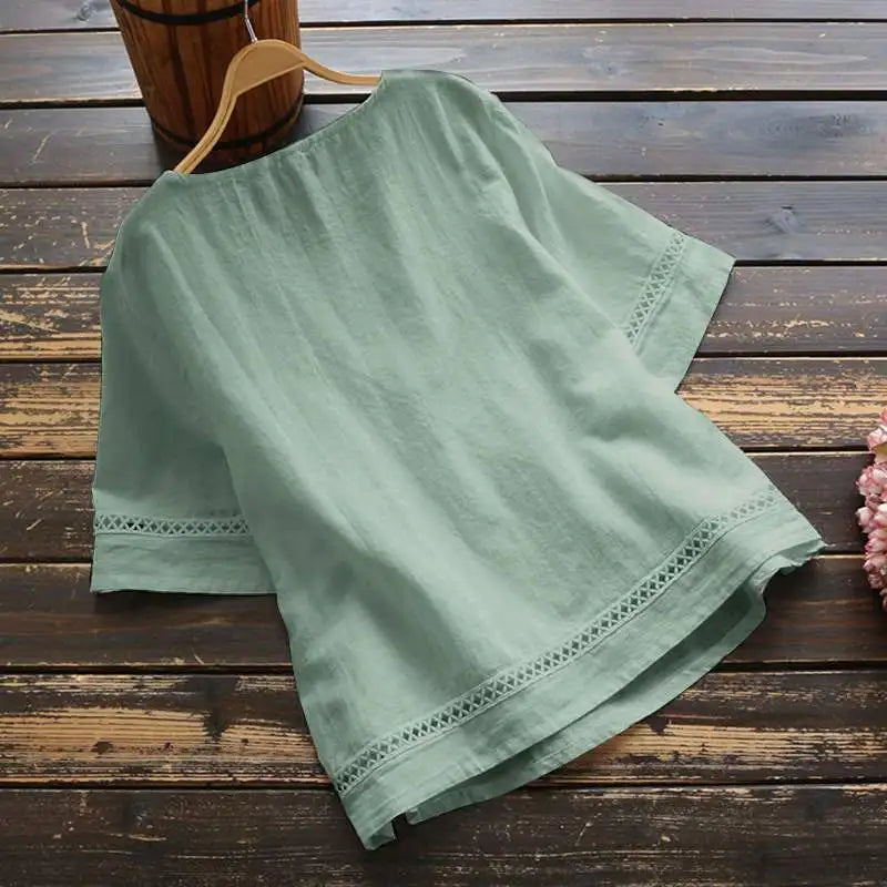 New Women's Elegant Cotton and Hemp Shirt Solid Color Casual Round Neck Hollow Half Sleeve Splicing Fashion Women's Top