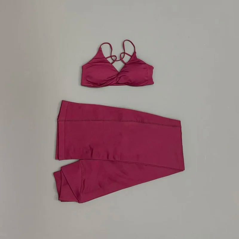 2Pcs Sports Set Women Seamless Front Tie Crossover Bra Crossover Waist Flare Leggings Sets Gym Fitness Workout Sports Sets