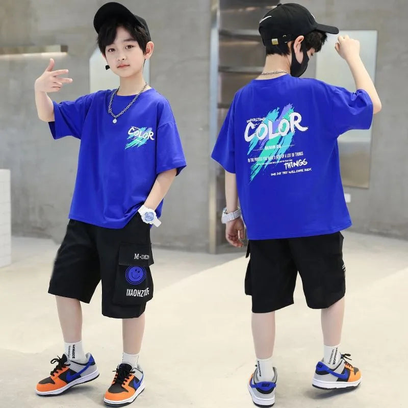 Children's set 2026 new Korean version boys' summer printed letter round neck short sleeved shorts two-piece set 4-12Y