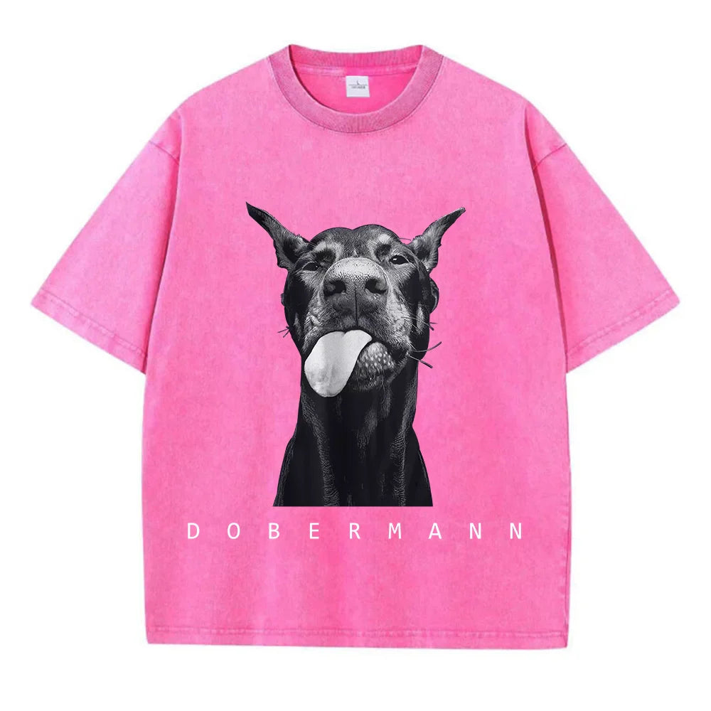 Camisetas femininas de algodão lavadas, moda criativa, estampa de Doberman, manga curta, gola redonda, folgadas, estilo destroyed, roupas femininas de rua