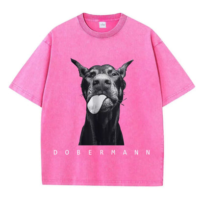 Camisetas femininas de algodão lavadas, moda criativa, estampa de Doberman, manga curta, gola redonda, folgadas, estilo destroyed, roupas femininas de rua