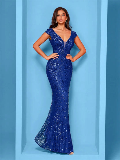 Elegant Champagne Evening Dress For Women Long 2024 Luxury Mermaid Formal Sequins Prom Wedding Party Cocktail Dresses