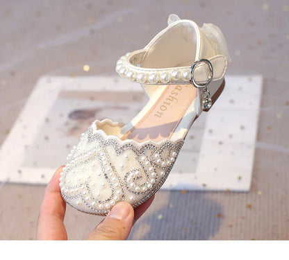 2025Summer Girls Sandals With Heel Fashion Rhinestone Shiny Glitter Shoes Children Princess Bowtie Pearl Dancing Shoes