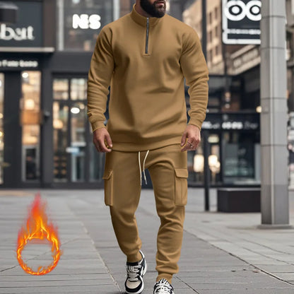 2024 autumn and winter men's casual velvet warm zipper sports trousers set