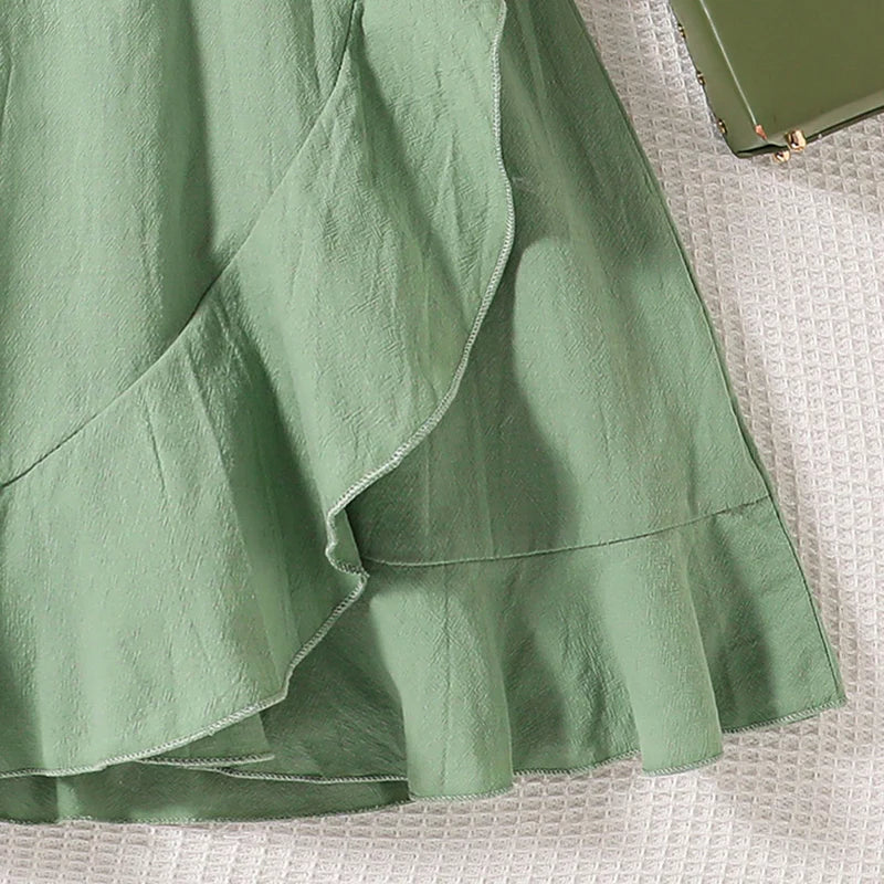 Summer Girl's Dress 8-12 Years Old Cute Bow-Embellished Slip Panel Uneven Hem Sweet Elegant Ladylike Fashion for Kids