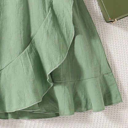Summer Girl's Dress 8-12 Years Old Cute Bow-Embellished Slip Panel Uneven Hem Sweet Elegant Ladylike Fashion for Kids