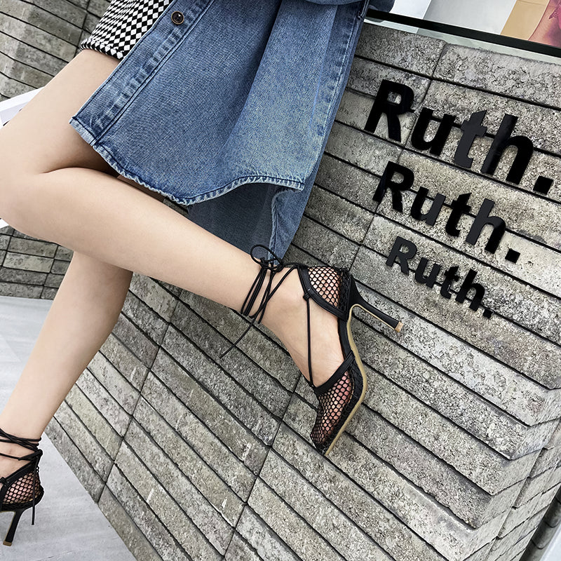 2025 Summer Sexy Mesh Pumps Sandals Female Square Toe High Heel Lace Up Cross-Tied Stiletto Hollow Dress Party Shoes