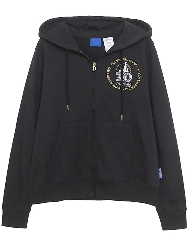 70th Anniversary Castle Mickey Mouse Family Letter Embroidery Fleece Sweatshirt Unisex Women Hooded Zipper Jumper Top
