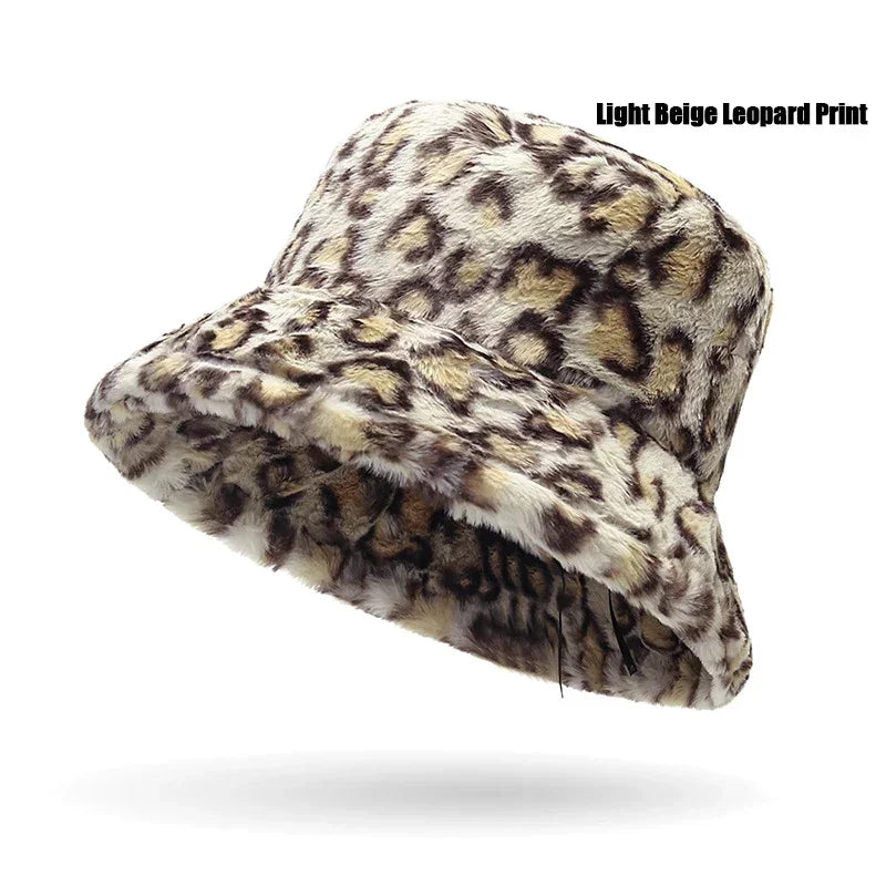 New Fall and Winter Thickened Warm Womens Plush Bucket Hat Leopard Hat