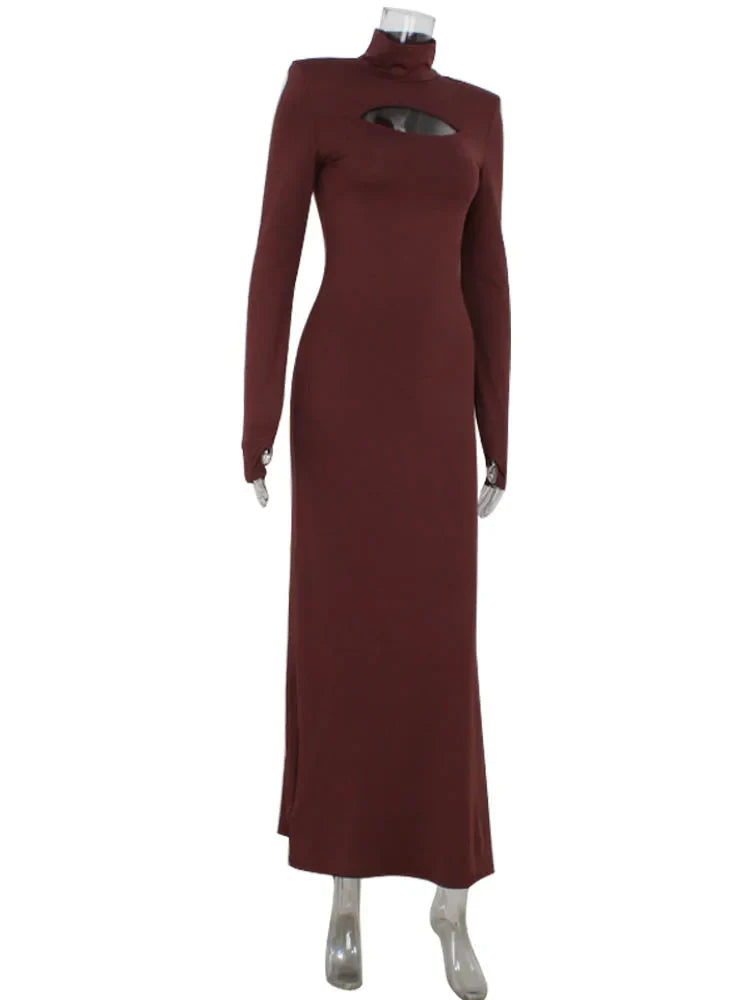 Sheath Women's Maxi Dresses Solid Turtleneck Regular Long Sleeves Hollow Out Slim Fit Bodycon Party Vestidos Robes