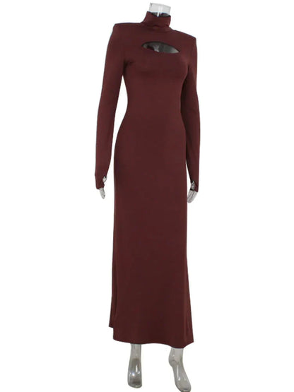 Sheath Women's Maxi Dresses Solid Turtleneck Regular Long Sleeves Hollow Out Slim Fit Bodycon Party Vestidos Robes