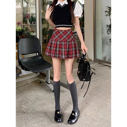 Summer 2024 Vintage Korean Style High Waist Patchwork A-line Mini Skirt Harajuku Preppy Fashion Plaid Pleated Skirt Red Women