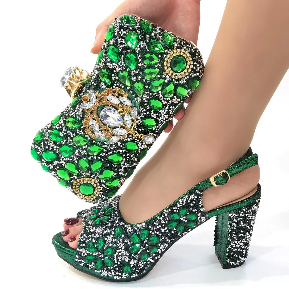 Luxury Fashion Ladies High Heel Slippers and Bags Set with Rhinestones for Wedding