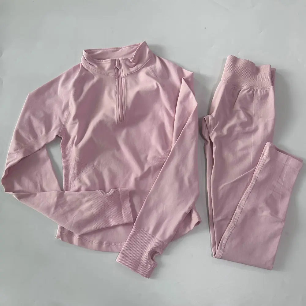 Women 2pcs Yoga Sets Long Sleeve Jacket Sport Top With Half Zip High Waisted Leggings Fitness Suits Seamless Running Workout Set