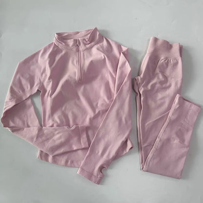 Women 2pcs Yoga Sets Long Sleeve Jacket Sport Top With Half Zip High Waisted Leggings Fitness Suits Seamless Running Workout Set