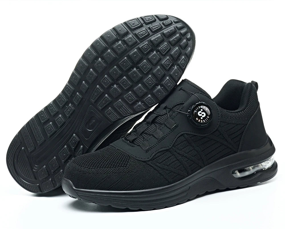 Men's Safety Shoes Steel Toe Anti- Crush Puncture Resistant Kevlar Pure Black Button Air Cushion Lightweight Work Shoes