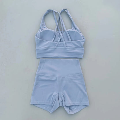 Solid Color gym bike Yoga Set short Legging +cross sport bra Tracksuit  Athletic Women Gym Suit Comprehensive Training Jogging