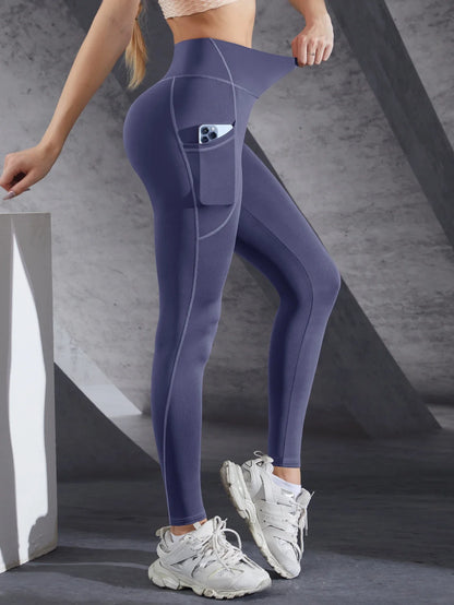 New High Waist Women's Leggings Stretch Yoga Pants Tights With Pockets Push Up Fitness Running Sportswear Solid Color Pants