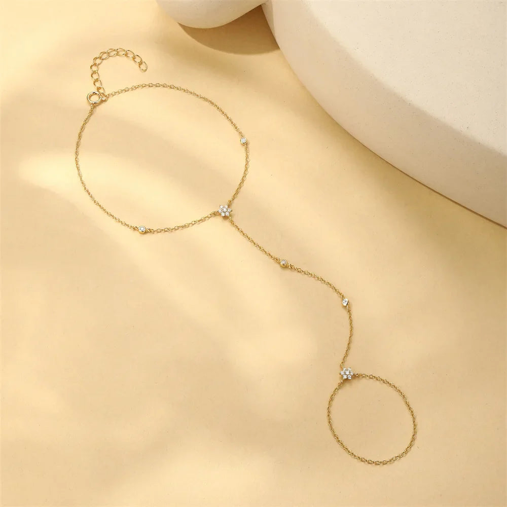 Dainty 5A Zircon Finger Ring Chain Bracelets Flower High Carbon Bracelet for Women Girl Adjustable s925 Silver Jewelry Gift