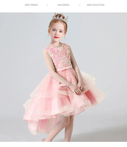 Summer Sequin Lace Tuxedo Wedding Dress for girls 3-13 years old Sleeveless fluffy Mesh gauze Doveark brand