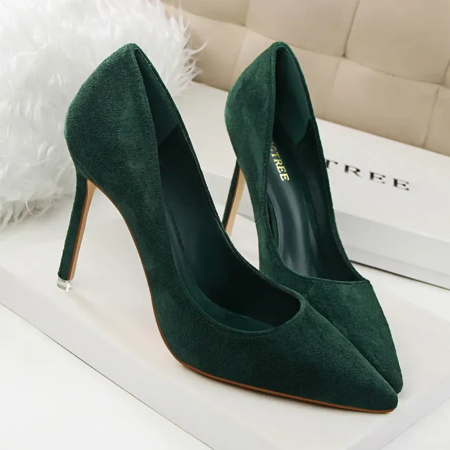 Women Elegant Flock Orange Purple Evening Banquet Party Pumps Lady Classic Scarpin New Burgundy 9cm High Heels Shoes Plus Size