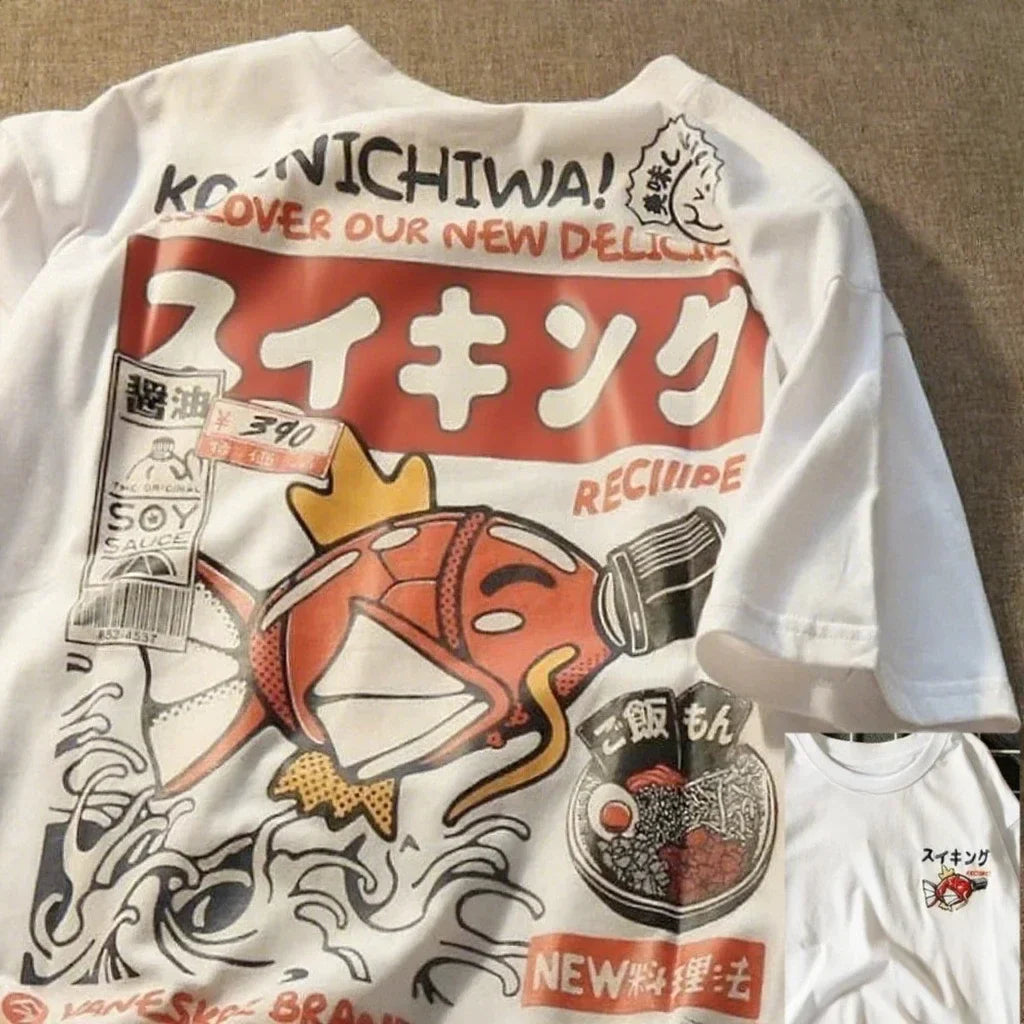 Parent-child Clothing Summer Ins Harajuku Japanese Carp Short-sleeved T-shirt Men's Tide Brand Street Loose Couple Tops Clothing
