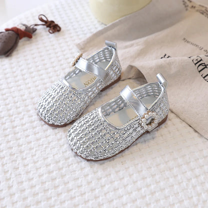 Spring Girl's Sandals Braided Pearl Hook-loop Chic Kid's Flat Shoe Solid Colors Anti-slip Casual Versatile Children Shoes 4-6Y
