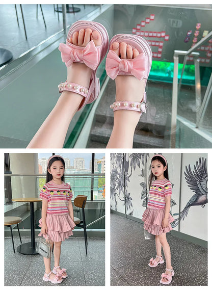 2026 Girls Sandals Kids Soft Soles Casual Princess Shoes New Water Diamond Beach Shoes Bow Shaped Girl Sandals