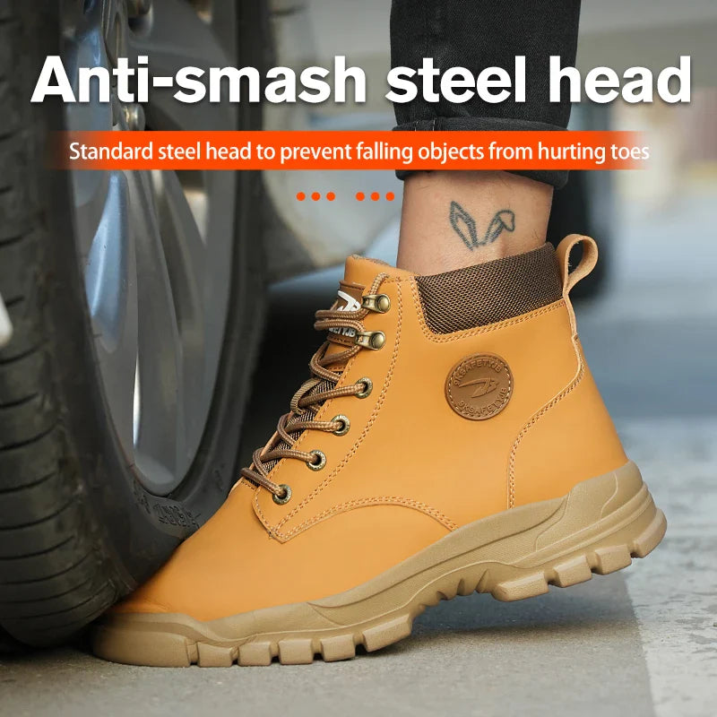 High Top Men Work Shoes Anti-Puncture Anti-smash Work Sneakers Slip Resistant Comfortable Soft Water Resistant Work Hiking Boots