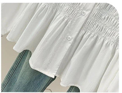2026 V-neck Long Sleeved Plus Size Shirt Loose Pleated Ruffle Oversized Tops Ladies Chic Elegant Solid Versatile Blouse