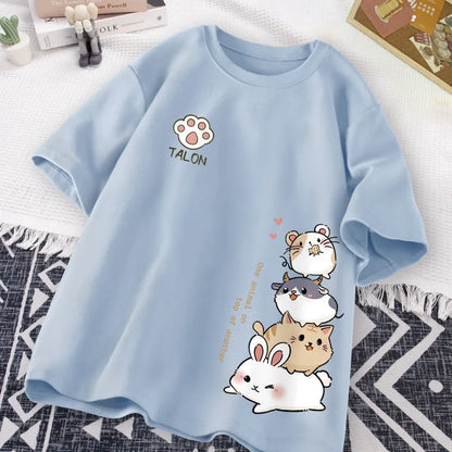 Camiseta Feminina Estilo Hamster Japonês Fofo Estampa Doce Uso Diário Manga Curta Solta Casual Adolescente Estudante Meia Manga Top