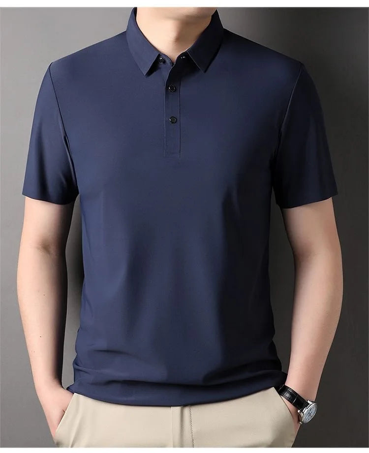 High quality wrinkle resistant ice silk short sleeve t-shirt men's summer Lapel loose casual solid color top high-end polo men