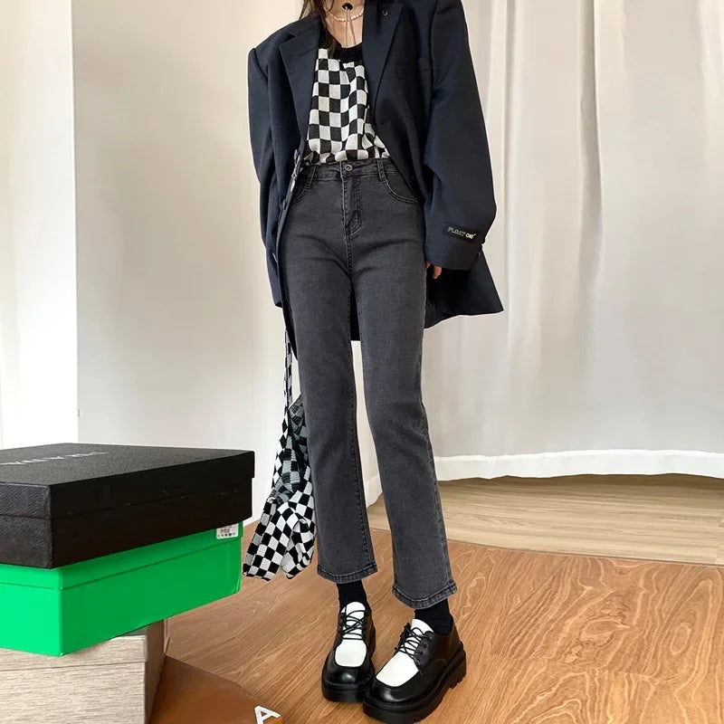 Women Cotton Elastic Slim Fit Jeans High Waist Pants