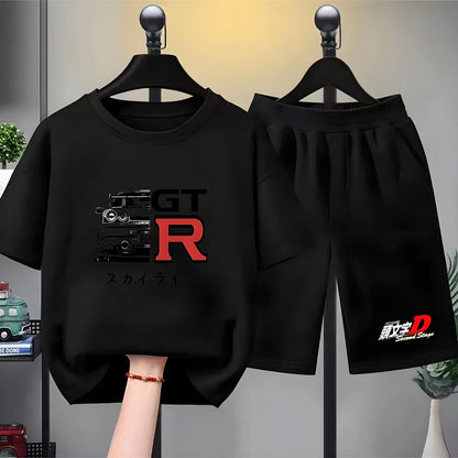 Kids Summer 2pcs Short Sleeve T-shirts+pants Suits 3-12 Years Boys Girls Casual Outfits Children Japanese Manga Racing Clothes