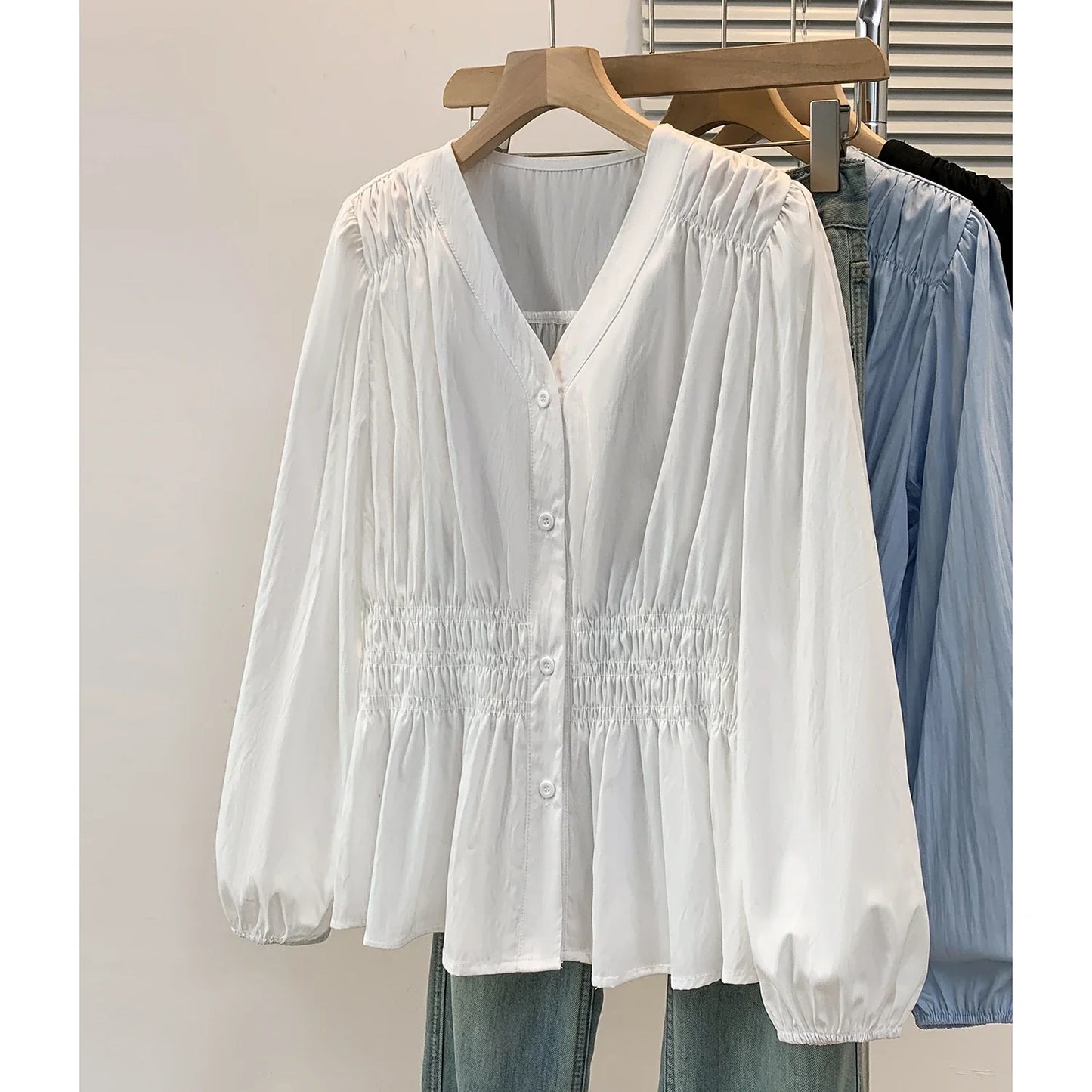 2026 V-neck Long Sleeved Plus Size Shirt Loose Pleated Ruffle Oversized Tops Ladies Chic Elegant Solid Versatile Blouse