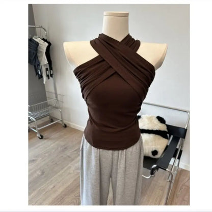 Solid Cross  Tank Top Women Sleeveless Chic 2000s Clothes Y2k Summer Tops New 2026 Korean Fashion Gothic Tanks Tshirt