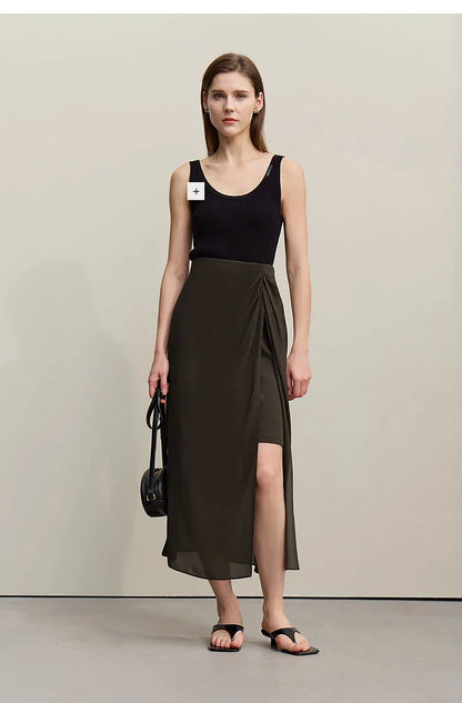 Women's Skirt 2026 Summer Elegant Chiffon Midi Skirt Pleated Side Slit Office Casual Versatile Women's Clothing 12612002
