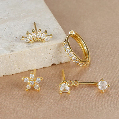 4PCS Stainless Steel Circle Huggie Hoop Earrings Set for Women Gold Color Unique Zircon Flower Stud Earring Piercing Jewelry