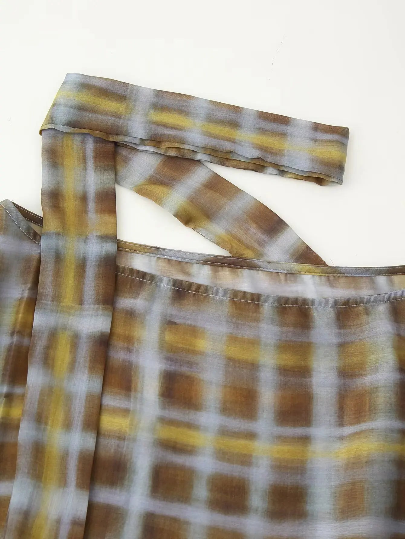 Women Fashion Plaid Print Blouse Vintage Casual Loose Asymmetric Hem Tops With Scarf Summer Thin Female Holiday Beach Outfits