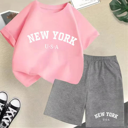 New York letter pattern boy and girl T-shirt+shorts 2-piece set